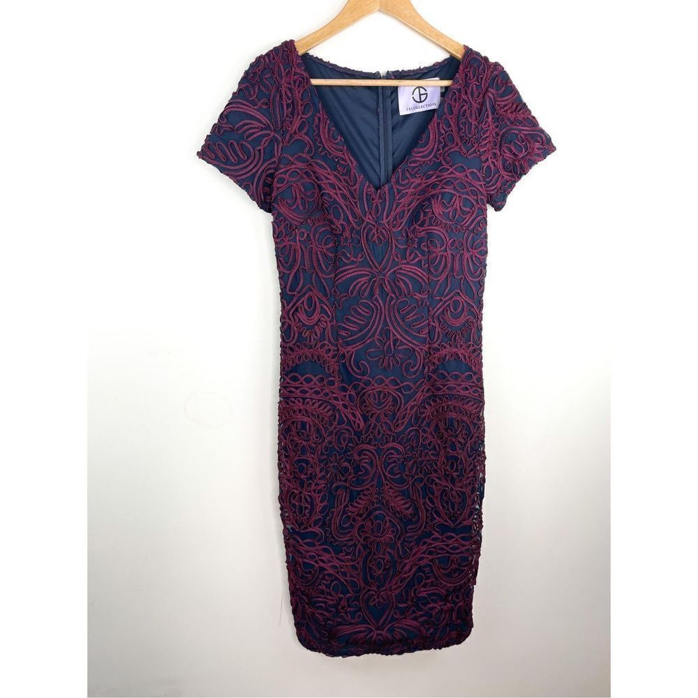 JS Collections SHORT SLEEVE SOUTACHE & MESH COCKTAIL DRESS in navy and purple